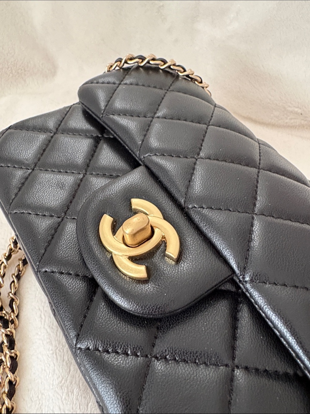 Black Quilted rectangular Leather Crossbody with adjustable Gold Chain - Picture 5 of 9